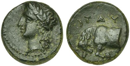 Sicily, Tauromenion, Hemilitron, ca. 344-336 BC. AE (g 3,98 ; mm 15; h 4). Head of Apollo l., Rv. ΤΑΥΡΟΜΕΝΙΤΑΝ, forepart of bull butting l.; above, crescent. CNS 8. Very rare. Dark green patina and extremely fine.