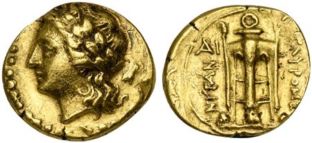 Sicily, Tauromenion, 1/8 Stater - Trihemiobol, ca. 214-212 BC; AV (g 1,13; mm 11; h 8); Laureate head of Apollo l.; bee behind Rv. TAYPOMENITAN, Tripod. SNG ANS 1115; HGC 2, 1571. Rare, good very fine