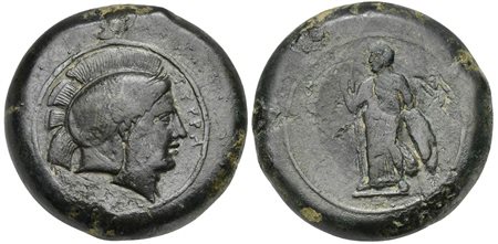 Sicily, Tyrrhenoi, 354/3-344 BC; AE (g 29,81; mm 30; h 3); TYPPH, Helmeted head of Athena r. Rv. Athena standing l., holding spear and shield; M to r. Campana 1; CNS 1; HGC 2, 1657. Rare, good very fine