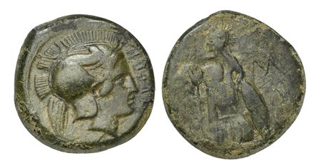 Sicily, Tyrrhenoi, 354/3-344 BC; AE (g 7,77; mm 21; h 1); TYPPH,Helmeted head of Athena r. Rv. Athena standing l., holding spear and shield; M to r. Campana 2; CNS 2 H; HGC 2, 1658. Overstruck on a Syracusan AE Litra, Athena/Hippo