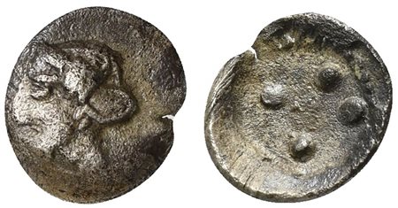 Sicily, Uncertain, 5th century BC; AR Trias or Tetronkion (g 0,16; mm 0,7 ; h 1); Female head l.; Rv. Four pellets (mark of value). Manganaro pl. 24, 45; HGC 2, –. Very rare, very fine