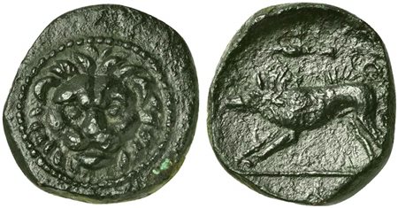 Sicily, Uncertain Mint, Bronze, 3rd century BC. AE (g 1,33; mm 12; h 11). Facing lion head, Rv. boar l.; above, club. A second specimen in the David Freedman Collection (CNG E-Auction 318, lot 41). Extremely rare and unpublished. 