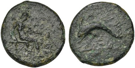 Islands of Sicily, Lipara, ca. 350-300 BC; AE (g 7,13; mm 24; h 3); Hephaistos seated r., holding hammer and kantharos; Rv. [ΛIΠAPAIΩN], Dolphin l. above waves. CNS 12; HGC 2, 1780. Good fine