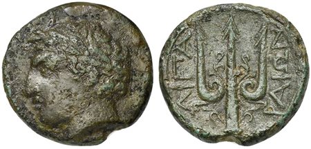 Islands of Sicily, Lipara, ca. 304-252 BC; AE Unit (g 6,71; mm 21; h 1); Laureate head of Apollo l.; Rv. ΛIΠAPAIΩN, Ornamented trident head. CNS 28; SNG ANS -; HGC 2, 1781. Rare, near very fine
