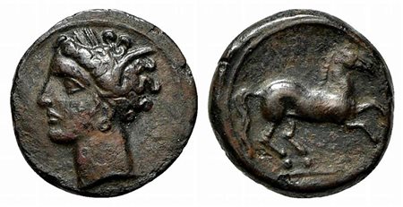 Sicily, Carthaginian Domain, ca. 375-350 BC; AE (g 1,34; mm 12; h 12). Wreathed head of Tanit l.; Rv. Horse prancing r. HGC 2, 1677. Good very fine
