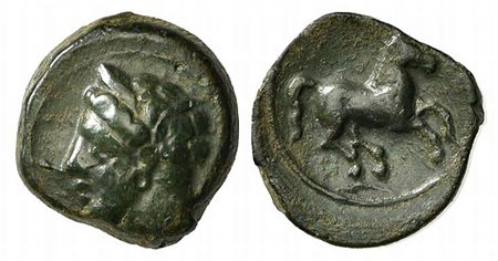 Sicily, Carthaginian Domain, ca. 375-350 BC; AE (g 4,21; mm 15; h 5). Wreathed head of Tanit l.; Rv. Horse prancing r. MAA 15a; SNG Copenhagen 97; HGC 2, 1668. Green patina, near very fine