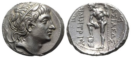 Kings of Macedon, Demetrios I Poliorketes (306-283 BC); AR Tetradrachm (g 17,11; mm 29; h 6). Amphipolis, ca. 288 BC. Diademed and horned head r.; Rv. [B]AΣIΛEΩΣ [Δ]HMHTPIOY, Poseidon Pelagaios standing l., foot on rock, holding t