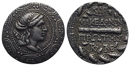 Macedon, Roman Protectorate, Tetradrachm, ca. 167-149 BC; AR (g 16,77; mm 31; h 12). Diademed head of Artemis r., with quiver over shoulder, in the centre of a Macedonian shield; shield decorated with seven eight-pointed stars wit