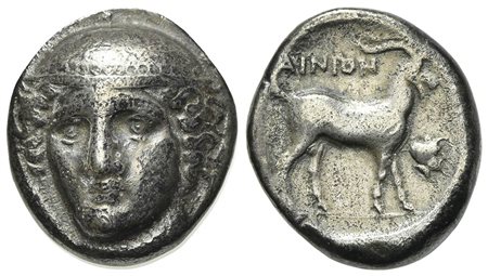 Thrace, Ainos, Tetradrachm, ca. 370/69-368/7 BC; AR (g 15,23; mm 24; h 12); Head of Hermes facing slightly l., wearing petasos Rv. AINION, Goat standing r.; to r., head of Hermes r., wearing flat-topped petasos. May, Ainos, 415. R