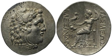 Thrace, Mesambria, Tetradrachm, ca. 175-150 BC. AR (g 16,76; mm 34,5; h 12). In the name and types of Alexander III of Macedon. Head of Herakles r., wearing lion skin; Rv. BAΣIΛEΩΣ AΛEΞANΔPOY, Zeus Aëtophoros seated l. throne; in 
