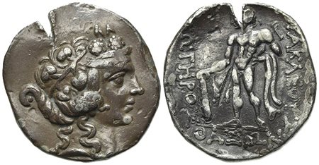 Islands of Trace, Thasos, Tetradrachm, ca. 90-75 BC; AR (g 16,45; mm 28; h 12). Wreathed head of young Dionysos r.; Rv. HPAKΛEOVΣ ΣΩTHPOΣ / ΘAΣIΩN, Herakles standing l., holding club and lion’s skin; monogram to inner l. Le Rider,
