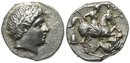 Kings of Paeonia, Patraos (c. 335-315 BC); AR Tetradrachm (g 12,63; mm 25; h 12). Laureate head of Apollo r.; Rv. [ΠΑΤΡ]ΑΟΥ, Warrior on horse rearing r., spearing enemy who defends with shield and spear; helmet (or omphalos?) behi