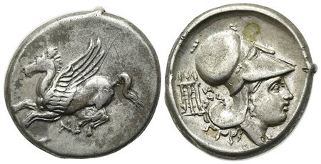 Akarnania, Anaktorion, Stater, ca. 350-300 BC; AR (g 8,44; mm 21; h 9). Pegasos flying l.; AN monogram below; Rv. Helmeted head of Athena r.; tripod and AN monogram behind. Pegasi 27; BCD Akarnania -. Graffiti, very fine