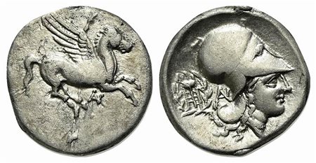 Akarnania, Anaktorion, Stater, ca. 350-300 BC; AR (g 8,27; mm 22; h 11). Pegasos flying r.; AN monogram below; Rv. Helmeted head of Athena r.; tripod in wreath and AN monogram to l. Pegasi 30; BCD Akarnania 89. Good very fine
