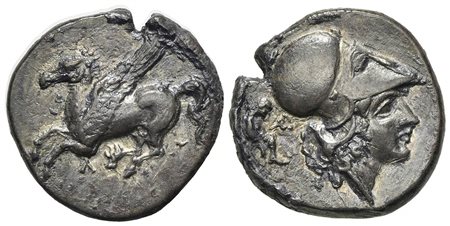 Akarnania, Leukas, Stater, ca. 320-280 BC; AR (g 8,28; mm 21; h 2). Pegasos flying l.; Λ below; Rv. Helmeted head of Athena r.; to l., Λ and Hermes standing r., fastening his sandal. Pegasi 99; BCD Akarnania 276; SNG Copenhagen 34