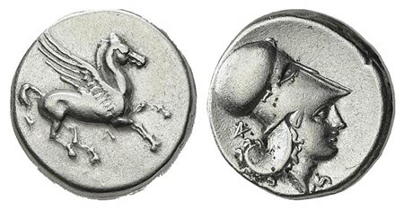 Akarnania, Leukas, Stater, ca. 350-320 BC; AR (g 8,47; mm 20; h 5). Pegasos flying r.; Λ below; Rv. Helmeted head of Athena r.; pentagram behind. Pegasi 114. Very fine