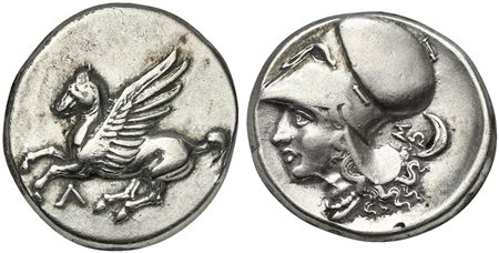 Akarnania, Leukas, Stater, ca. 320-280 BC; AR (g 8,28; mm 20; h 8). Pegasos flying l.; Λ below; Rv. Helmeted head of Athena l.; ΣΩ and crescent to r. Pegasi 149; BCD Akarnania –; HGC 4, 825. Good very fine