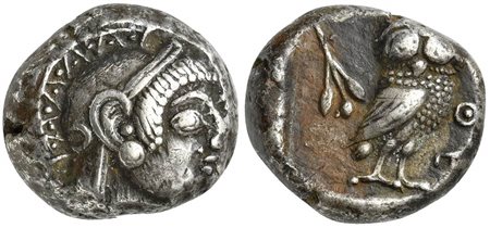 Attica, Athens, Tetradrachm, ca. 500-480 BC. AR (g 17,11; mm 21; h 6). Head of Athena r., wearing crested helmet decorated with chevron and dot pattern, Rv. AΘE, owl, with closed wings, standing r. with head facing; on l., crescen