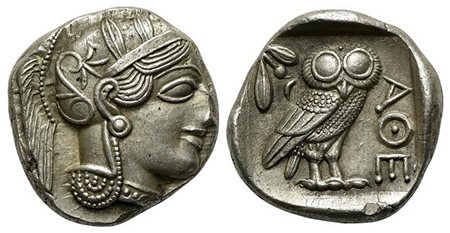 Attica, Athens, Tetradrachm, ca. 454-404 BC. AR (g 17,23; mm 25; h 9). Helmeted head of Athena r.; Rv. AΘE, Owl standing r., head facing; olive sprig behind; all within incuse square. Kroll 8; SNG Copenhagen 31. Nick on rev., extr
