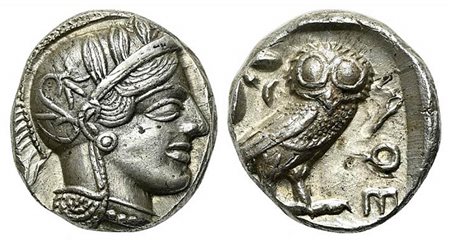 Attica, Athens, Tetradrachm, ca. 454-404 BC. AR (g 17,13; mm 22; h 6). Helmeted head of Athena r.; Rv. AΘE, Owl standing r., head facing; olive sprig behind; all within incuse square. Kroll 8; SNG Copenhagen 31. Good very fine
