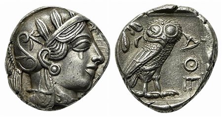 Attica, Athens, Tetradrachm, ca. 454-404 BC. AR (g 17,18; mm 24; h 3). Helmeted head of Athena r.; Rv. AΘE, Owl standing r., head facing; olive sprig behind; all within incuse square. Kroll 8; SNG Copenhagen 31. Good very fine