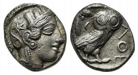 Attica, Athens, Tetradrachm, ca. 454-404 BC. AR (g 16,45; mm 24; h 1). Helmeted head of Athena r.; Rv. AΘE, Owl standing r., head facing; olive sprig behind; all within incuse square. Kroll 8; SNG Copenhagen 31. Very fine