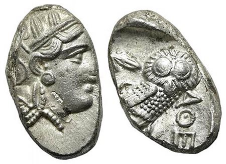 Attica, Athens, Tetradrachm, ca. 454-404 BC. AR (g 17,17; mm 17; h 9). Possible eastern imitation. Helmeted head of Athena r.; Rv. Owl standing r., head facing; olive sprig behind; all within incuse square. Kroll 8; SNG Copenhagen