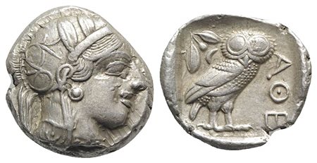 Attica, Athens, Tetradrachm, after 449 BC. AR (g 17,23; 24 mm; h 11). Attica, Athens, Tetradrachm, after 449 BC; AR (g 17,21; mm 24; h 3); Head of Athena r., wearing crested Attic helmet decorated with three olive leaves and spira
