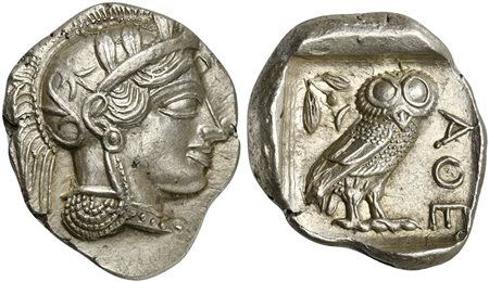 Attica, Athens, Tetradrachm, after 449 BC. AR (g 17,23; mm 29; h 1). Attica, Athens, Tetradrachm, after 449 BC; AR (g 17,21; mm 24; h 3); Head of Athena r., wearing crested Attic helmet decorated with three olive leaves and spiral