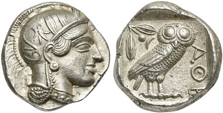 Attica, Athens, Tetradrachm, after 449 BC. AR (g 17,21; mm 25; h 9). Attica, Athens, Tetradrachm, after 449 BC; AR (g 17,21; mm 24; h 3); Head of Athena r., wearing crested Attic helmet decorated with three olive leaves and spiral