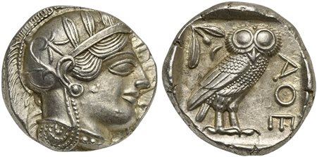Attica, Athens, Tetradrachm, after 449 BC. AR (g 17,20; mm 25; h 3). Head of Athena r., wearing crested Attic helmet decorated with three olive leaves and spiral palmette on bowl, Rv. AΘE, owl, with closed wings, standing r. with 