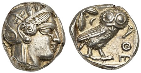 Attica, Athens, Tetradrachm, ca. 454-404 BC; AR (g 17,18; mm 25; h 9); Helmeted head of Athena r. Rv. AΘE, Owl standing r., head facing; olive sprig behind; all within incuse square. Kroll 8; SNG Copenhagen 31. Good very fine