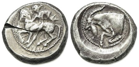 Cilicia, Kelenderis, Stater, ca. 450 BC. AR (g 10.83; mm 20; h 12). Nude youth, holding whip, dismounting from rearing horse r.; Rv. Forepart of goat l. within circular incuse. SNG BnF 43; SNG Levante 16. Die-crack, very fine