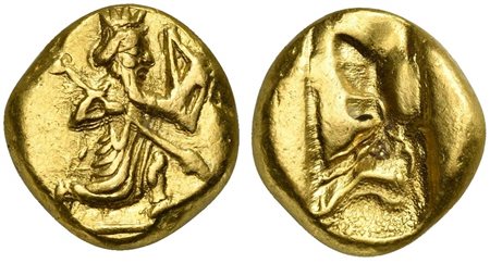 Achaemenid kings of Persia, Daric under Darius I to Xerses II, Sardes, Lydo-Milesian standard, ca. 485-420 BC. AV (g 8,30; mm 16; h -). King of Persia, crowned, running r., wearing kindaris and holding bow, quiver and arrow, Rv. I