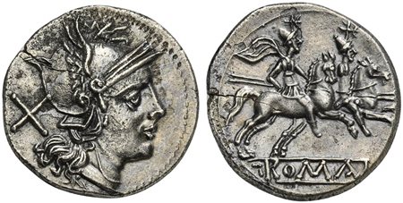 Second corn-ear series, Denarius, Sicily, 211-208 BC. AR (g 3,95; mm 20; h 5). Helmeted head of Roma r.; denomination mark behind, Rv. The Dioscuri, each holding spear, on horseback r.; ROMA in linear frame below. Crawford 68/1b; 