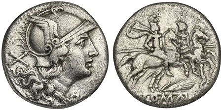 Grain-ear series, Denarius, Sicily, 209-208 BC. AR (g 3,71; mm 18; h 7). Helmeted head of Roma r., Rv. The Dioscuri on horseback riding r.; grain ear and crooked staff below horses; ROMA. Crawford 77/1; RSC 20m*; Sydenham 225. Ext