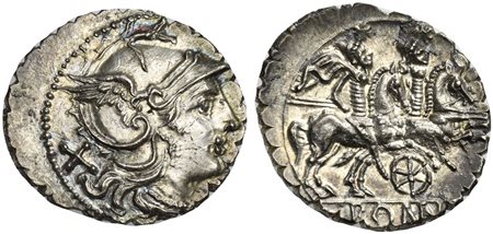 Wheel series, Denarius, Sicily (?), 209-208 BC. AR (g 3,62; mm 21; h 5). Helmeted head of Roma r.; denomination mark behind, Rv. The Dioscuri, each holding spear, on horseback r.; two stars above, wheel below; ROMA below. Crawford