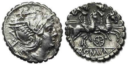 Wheel series, Denarius, Sicily (?), 209-208 BC. AR (g 4,39; mm 18; h 9). Helmeted head of Roma r.; denomination mark behind, Rv. The Dioscuri, each holding spear, on horseback r.; two stars above, wheel below; ROMA below. Crawford