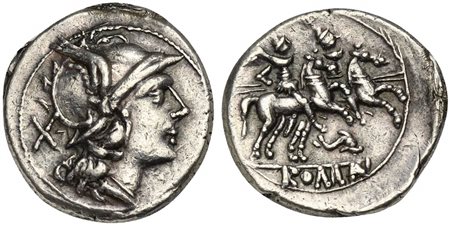 First dolphin series, Denarius, Sicily, 209-208 BC. AR (g 4,09; mm 20; h 8). Helmeted head of Roma r.; X behind, Rv. The Dioscuri, each holding spear, on horseback r.; below horses, dolphin r.; ROMA in exergue Crawford 80/1a; RSC 