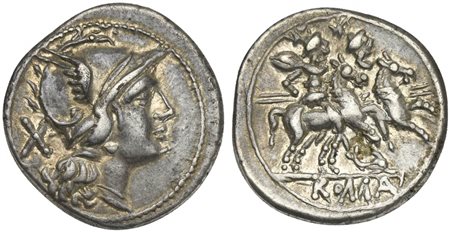 Dolphin series, Denarius, Sicily, 209-208 BC. AR (g 3,36; mm 19; h 3). Helmeted head of Roma r.; denomination mark behind, Rv. The Dioscuri, each holding spear, on horseback r.; two stars above, dolphin r. below; ROMA below. Crawf