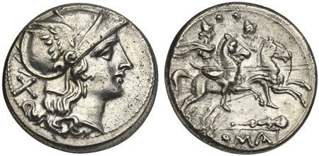 Club seris, Denarius, Rome, 208 BC. AR (g 4,36; mm 18; h 10). Helmeted head of Roma r.; denomination mark behind, Rv. The Dioscuri, each holding spear, on horseback r.; two stars above, club below; ROMA below. Crawford 89/2; RSC 2