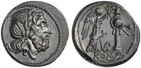 VB series, Victoriatus, Uncertain mint, 211-208 BC. AR (g 3,34; mm 18; h 6). Laureate head of Jupiter r., Rv. Victory standing r., crowning trophy; VB monogram between, ROMA below. Crawford 95/1a; RSC 36m; Sydenham 113. Toned, goo