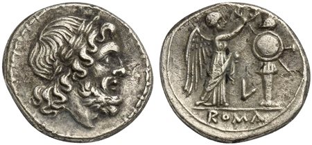 L series, Victoriatus, Luceria, 211-208 BC. AR (g 2,99; mm 17; h 11). Laureate head of Jupiter r. Rv. Victory standing r., crowning trophy; L between, ROMA in exergue. Crawford 97/1a; RSC 36e*; Sydenham 12. Near extremely fine