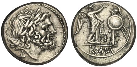 LT series, Victoriatus, Luceria, 211-210 BC. AR (g 2,94; mm 16; h 7). Laureate head of Jupiter r.; L below, Rv. Victory standing r., crowning trophy; T between, ROMA in exergue. Crawford 98A/1a; RSC 36f; Sydenham 132. Good very fi