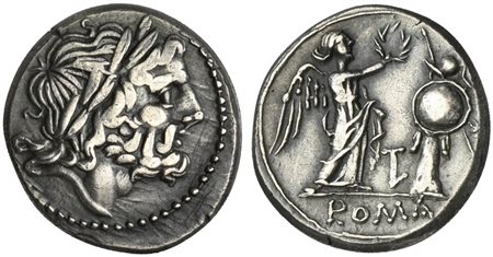 LT series, Victoriatus, Luceria, 211-210 BC. AR (g 3,44; mm 17; h 6). Laureate head of Jupiter r., Rv. Victory standing r., crowning trophy; LT monogram between, ROMA in exergue. Crawford 98A/1b; RSC 36g; Sydenham 137. Toned, good