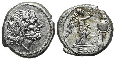 LT series, Victoriatus, Luceria, 211-210 BC. AR (g 3,12; mm 16; h 9). Laureate head of Jupiter r., Rv. Victory standing r., crowning trophy; LT monogram between, ROMA in exergue. Crawford 98A/1b; RSC 36g; Sydenham 137. Toned, good