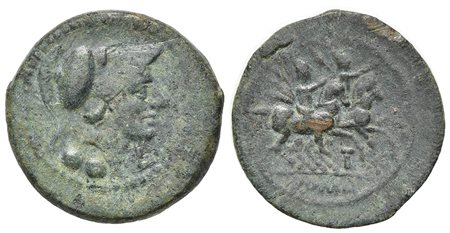 LT series, Sextans, Luceria, 211-210 BC. AE (g 10.57, mm 25, h 9). Head of Minerva r., wearing Corinthian helmet; L below chin, two pellets
below neck truncation; Rv. The Dioscuri galloping r.; T below; ROMA in exergue. Crawford 9