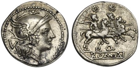 Q series, Quinarius, Apulia(?), 211-210 BC. AR (g 2,13; mm 16; h 11). Helmeted head of Roma r.; V behind, Rv. The Dioscuri, each holding spear, on horseback riding r.; Q below; ROMA in linear frame below. Crawford 102/2a; RSC 33i;