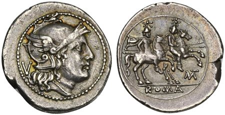 MT series, Quinarius, Apulia, 211-210 BC. AR (g 2,25; mm 17; h 1). Helmeted head of Roma r.; V behind, Rv. The Dioscuri, each holding spear, on horseback riding r.; MT monogram to lower r.; ROMA in exergue. Crawford 103/2c; RSC 33