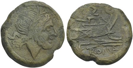 Staff and club series, Semis, Etruria(?), 208 BC. AE (g 14,67; mm 27; h 1). Laureate head of Saturn r.; S behind, Rv. Prow of galley r.; above, horizontal staff and reversed S; ROMA below. Cf. Crawford 106/5; cf. Sydenham 210a. Ra